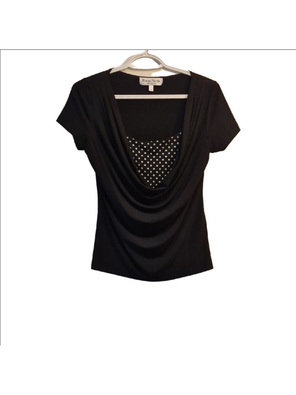 Ronni Nicole Black Draped Cowl Neck Top with Polka Dot Inset